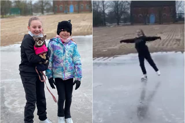 Ruby (left) with her sister Grace, has been practising her skating on a frozen puddle near Doncaster.