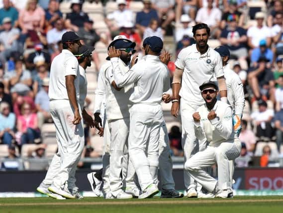 India celebrate a wicket during the Test at the Ageas Bowl in 2018.
