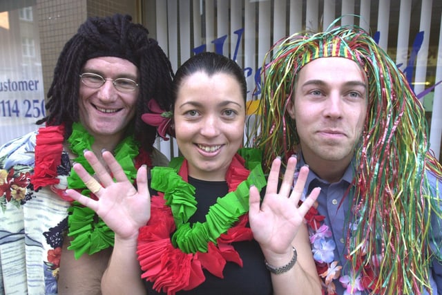Pictured at Wstfield House, Division Street, Sheffield, where Westfield Health staff were dressed up in Caribbean and Hawaian costume for Children in Need.  Pictured in 2000 were David Hattersley, Agela Moore, and Rob Barker