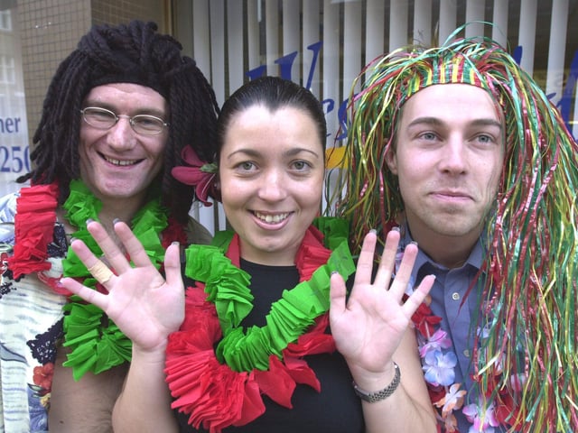 Pictured at Wstfield House, Division Street, Sheffield, where Westfield Health staff were dressed up in Caribbean and Hawaian costume for Children in Need. Pictured in 2000 were David Hattersley, Agela Moore, and Rob Barker