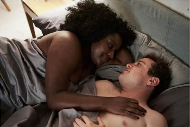 Fola and Josh in bed in BBC's Cheaters. (Photo: BBC).