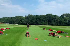 The Doncaster Rovers squad in training at Cantley Park