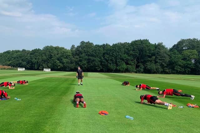 The Doncaster Rovers squad in training at Cantley Park
