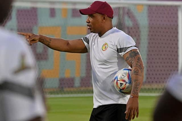 Senegal's former player El-Hadji Diouf takes part in a training session in Doha ahead of the Qatar 2022 World Cup. Photo by ISSOUF SANOGO/AFP via Getty Images