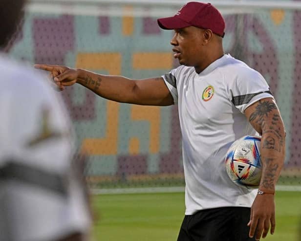 Senegal's former player El-Hadji Diouf takes part in a training session in Doha ahead of the Qatar 2022 World Cup. Photo by ISSOUF SANOGO/AFP via Getty Images