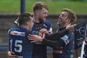 Knights celebrate a try in their impressive win over Ealing Trailfinders. Picture: Andrew Roe/AHPIX LTD