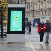 Coronavirus warning sign in Sheffield city centre.