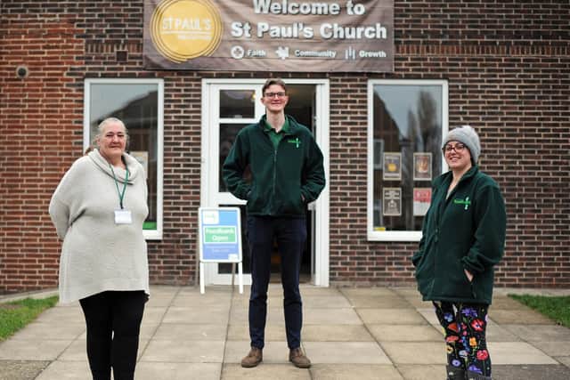 Carol Corner, Volunteer, John Parr, Project Manager and Natalie Taplin, Volunteer, pictured outside St Paul's Church Foodbank Centre.