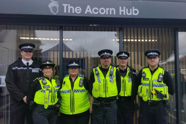 Ch Insp Joe Hunt and Insp Alison Carr (left) with members of Doncaster East NPT who will use The Acorn Hub