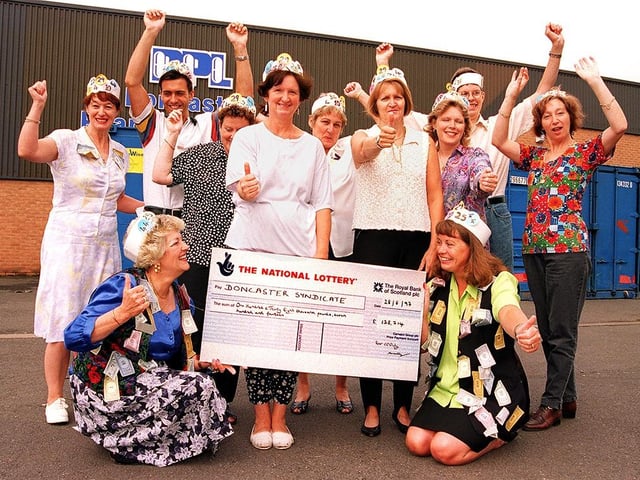 Doncaster Pharmaceuticals workers celebrate their £138,714 National Lottery win in August 1997