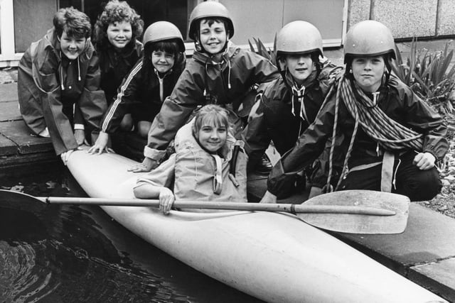 Ashley Sporting School in 1988 and Lynn Charlton demonstrates canoe handling with the support of, from the back: Claire Hardy, Joanne Crammon, Emma Simpson, Colin Smith, Paul Clements and Craig Boyle. Remember this?