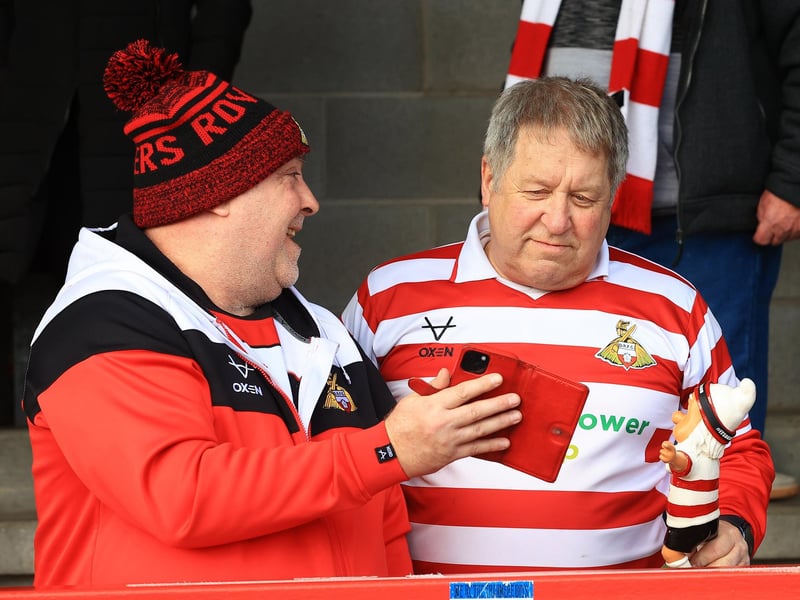 Some of the Doncaster Rovers fans who watched the 2-0 win at Crawley Town.