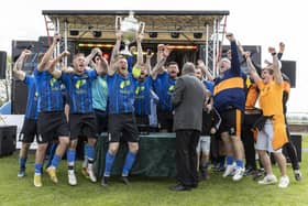 Scawthorpe Athletic celebrate winning the Montagu Cup. Photo: John Hobson - johnhobsonphotographer.co.uk
