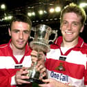 Barry Miller (right) and Andy Watson celebrate winning the Sheffield & Hallamshire FA Senior Challenge Cup against Emley AFC at Hillsborough in 2001.