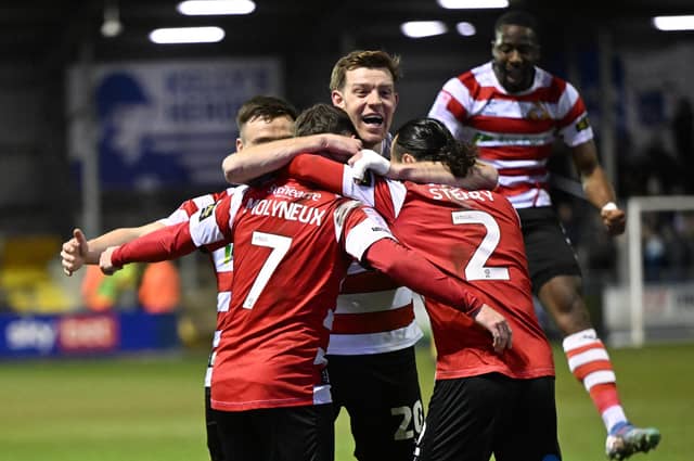 Picture by Howard Roe/AHPIX.com;Football;
Barrow v Doncaster Rovers ;
29/1/2025 KO 8.00 pm; ;SO Legal Stadium
Rovers celebrate Luke Molyneux goal