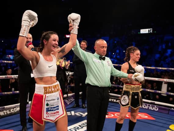 Terri Harper celebrates victory over Eva Wahlstrom at the FlyDSA Arena in Sheffield in February. Photo: Mark Robinson/Matchroom Boxing