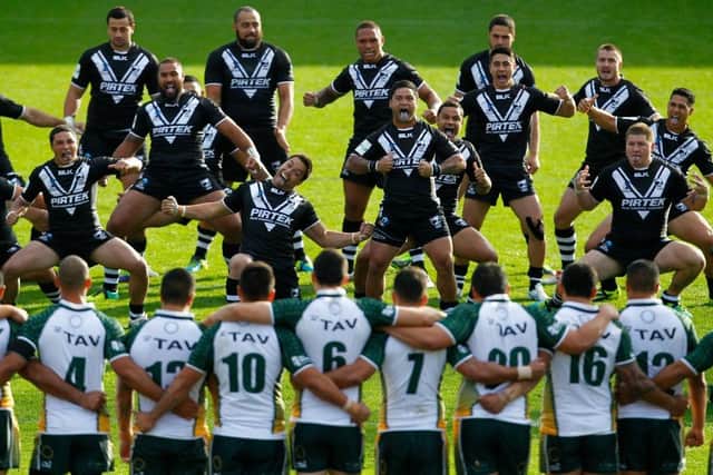 New Zealand players perform the Haka before the World Cup warm-up game against the Cook Islands at the Keepmoat Stadium in 2013. Photo: Paul Thomas/Getty Images