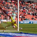 Doncaster Rovers v Swindon Town 
League 2 match at the Eco-Power Stadium, Doncaster
Rovers  Joe Sbarra scores past Town keeper Connor Ripley. 
Photograph by Tony Johnson.  8th March 2025.