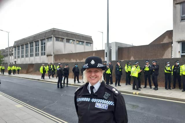District Commander Chief Supt Melanie Palin launching Operation Duxford outside Doncaster Police Station