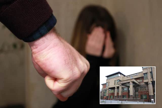 Sheffield Crown Court, pictured, has heard how a boozed-up South Yorkshire thug who punched and stamped on his ex-partner has been given a suspended prison sentence.