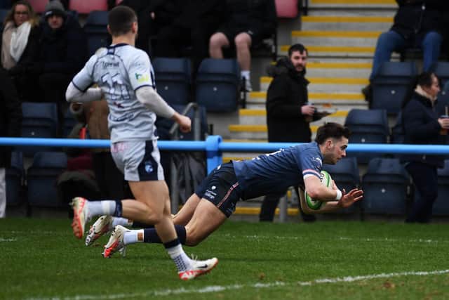 Doncaster Knights' Jack Metcalf was among the tries again against Cambridge. Picture: Jonathan Gawthorpe