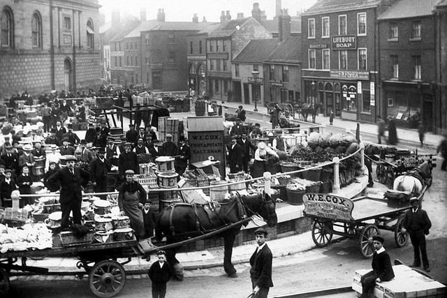 A bustling and vibrant Doncaster Market in the early 1900s