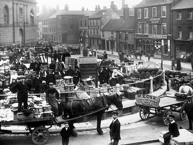 A bustling and vibrant Doncaster Market in the early 1900s