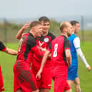 Armthorpe Welfare’s players celebrate a goal in their win at Swallownest. Picture: Steve Pennock