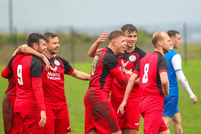 Armthorpe Welfare’s players celebrate a goal in their win at Swallownest. Picture: Steve Pennock