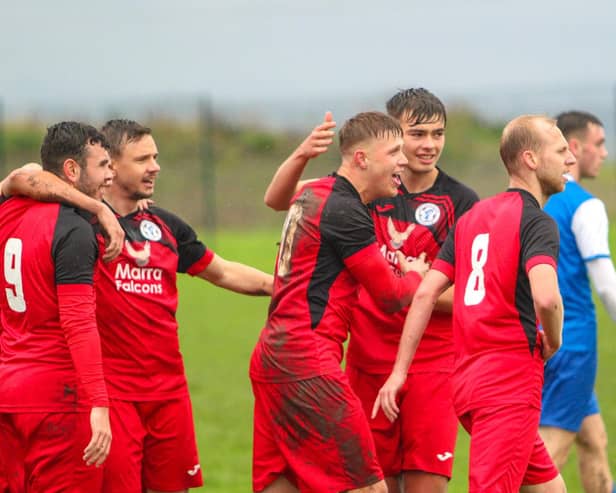 Armthorpe Welfare’s players celebrate a goal in their win at Swallownest. Picture: Steve Pennock