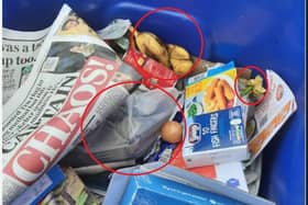 Plastic bags and food waste do not go in the blue bin.
