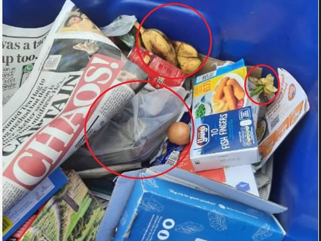 Plastic bags and food waste do not go in the blue bin.
