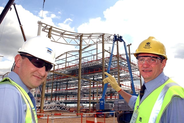May 25 2004: Geoff Cox (right), then Health and Safety Executive Head of Operations Construction Yorkshire and North East, and Andy Hopwell, then Project Manager for Bovis Lend Lease, inspect the construction of the terminal building at Robin Hood Airport, Doncaster.