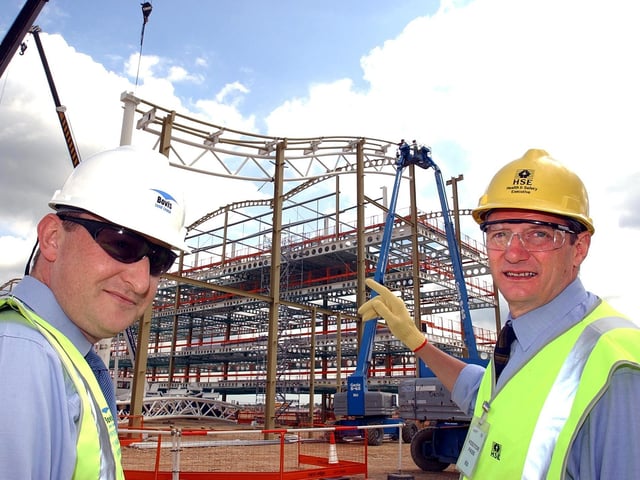 May 25 2004: Geoff Cox (right), then Health and Safety Executive Head of Operations Construction Yorkshire and North East, and Andy Hopwell, then Project Manager for Bovis Lend Lease, inspect the construction of the terminal building at Robin Hood Airport, Doncaster.