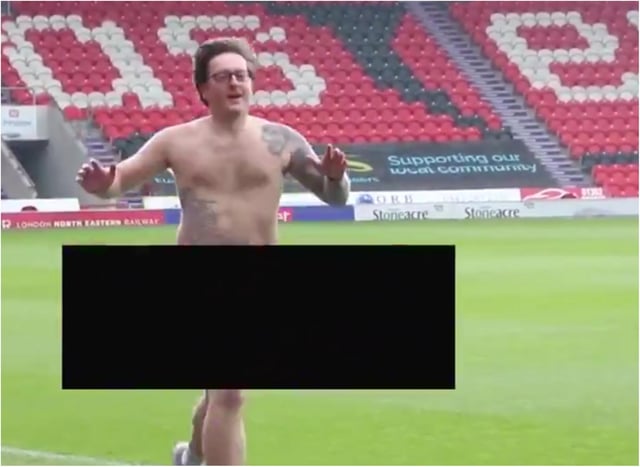 Daniel runs naked around the Keepmoat Stadium.