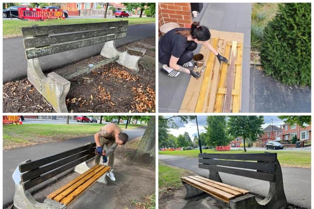 From this to this: Ewelina Skalkowska and Damian Kowalczyk have transformed the bench in Wheatley in their own time for the community.
