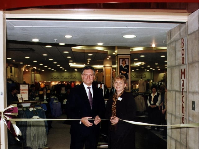 Paul Lee, Chairman of Bon Marche Ltd, opening the flagship store at Meadowhall (Sheffield) in 1998 assisted by Carol White, Macmillan Cancer Relief Coporate Fundraiser for the North West Region.