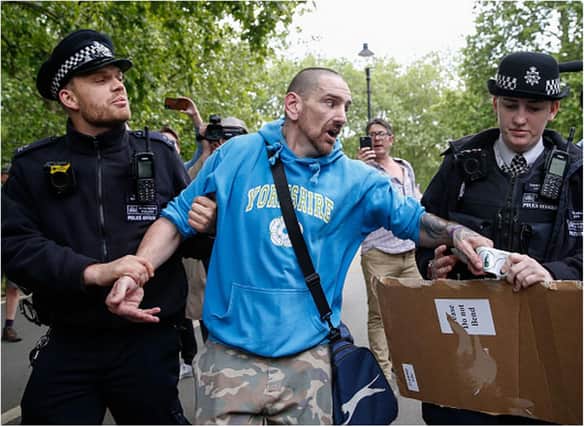 Phillip Hartley was arrested in London at a demonstration against the coronavirus lockdown last year.