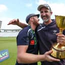 GREAT DAYS: Yorkshire captain Andrew Gale and head coach Jason Gillespie celebrate with the County Championship trophy back in September 2014 - the first of two in as many years. Picture by Alex Whitehead/SWpix.com