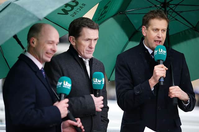 The ITV Racing team of presenter Ed Chamberlain (R) with AP McCoy (C) and Luke Harvey. Photo by Alan Crowhurst/Getty Images