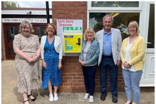 Pictured at the unveiling of the new defibrillator are Sue Jones, Church Property Secretary; Hazel Hepworth, Church Steward; Jackie Waight; Ken Waight and Anne Brammer, Church Steward.
