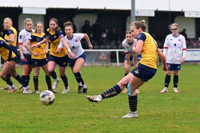 Jasmine Saxton tucks away the spot-kick in Belles' draw with AFC Fylde. Pic: Doncaster Rovers Belles/X.