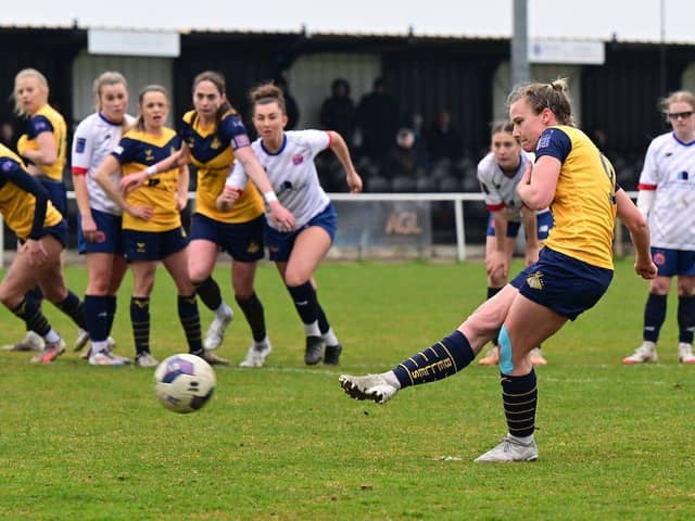 Jasmine Saxton tucks away the spot-kick in Belles' draw with AFC Fylde. Pic: Doncaster Rovers Belles/X.
