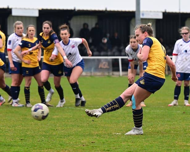 Jasmine Saxton tucks away the spot-kick in Belles' draw with AFC Fylde. Pic: Doncaster Rovers Belles/X.