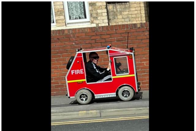 The miniature fire engine was spotted trundling through Balby.