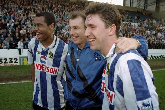 Manager Trevor Francis celebrates with strikers Mark Bright and David Hirst after the League Cup semi-final win against Blackburn Rovers at Hillsborough in March 1993.