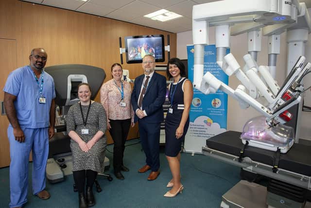 The surgical team at the Trust, including Antonia Durham Hall, Colorectal Consultant Surgeon and Richard Parker OBE, Chief Executive.