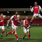 Danny Andrew celebrates scoring Fleetwood Town's third in their 3-1 win over Doncaster Rovers at Highbury last season. Photo: Clive Brunskill/Getty Images