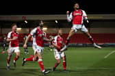 Danny Andrew celebrates scoring Fleetwood Town's third in their 3-1 win over Doncaster Rovers at Highbury last season. Photo: Clive Brunskill/Getty Images