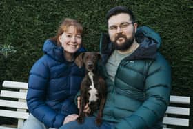 Only six months ago, adorable Sheffied pet dog Bonnie was in the care of the RSPCA after being rescued from abuse. Now, pictured with new owners Charly Milner and Louis Clay, is set to appear at Crufts